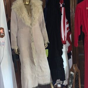 Long cream faux fur coat!